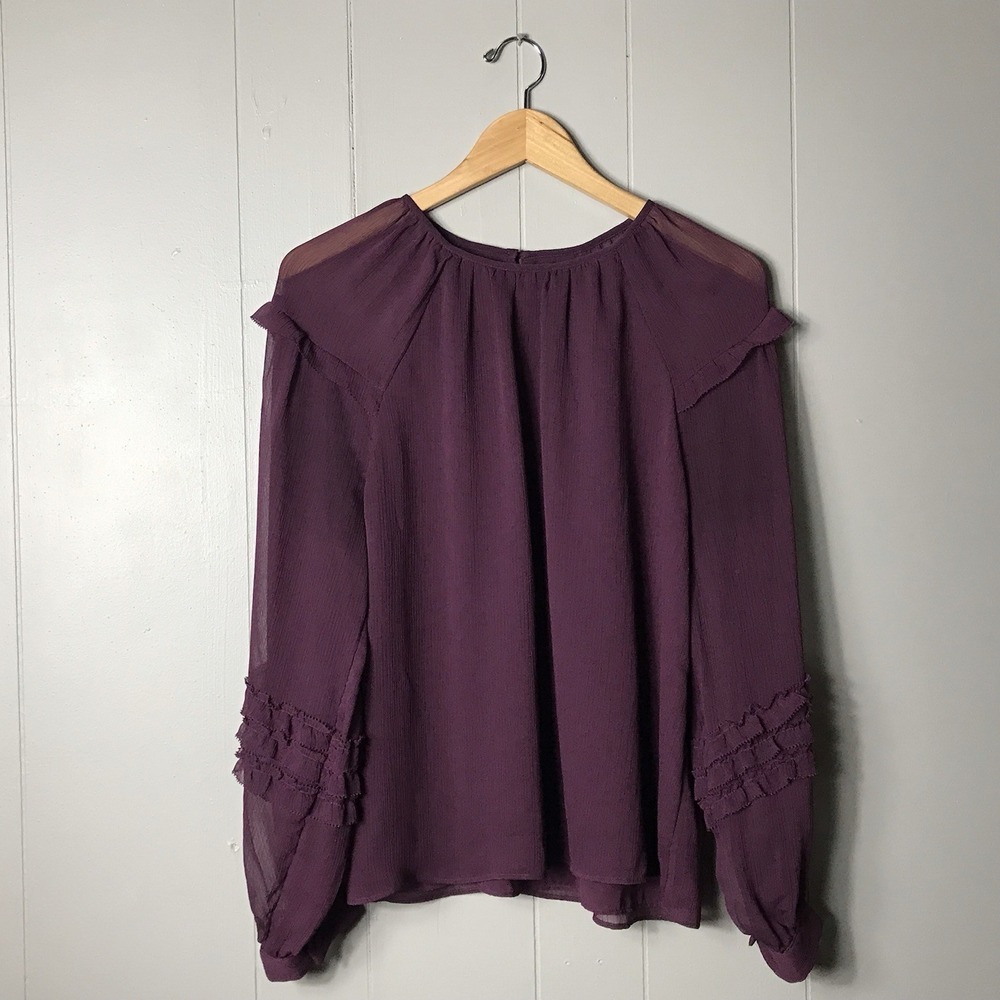 ANN TAYLOR MERLOT RED CHIFFON CAREER BLOUSE SHEER RUFFLE SLEEVE WOMENS MEDIUM